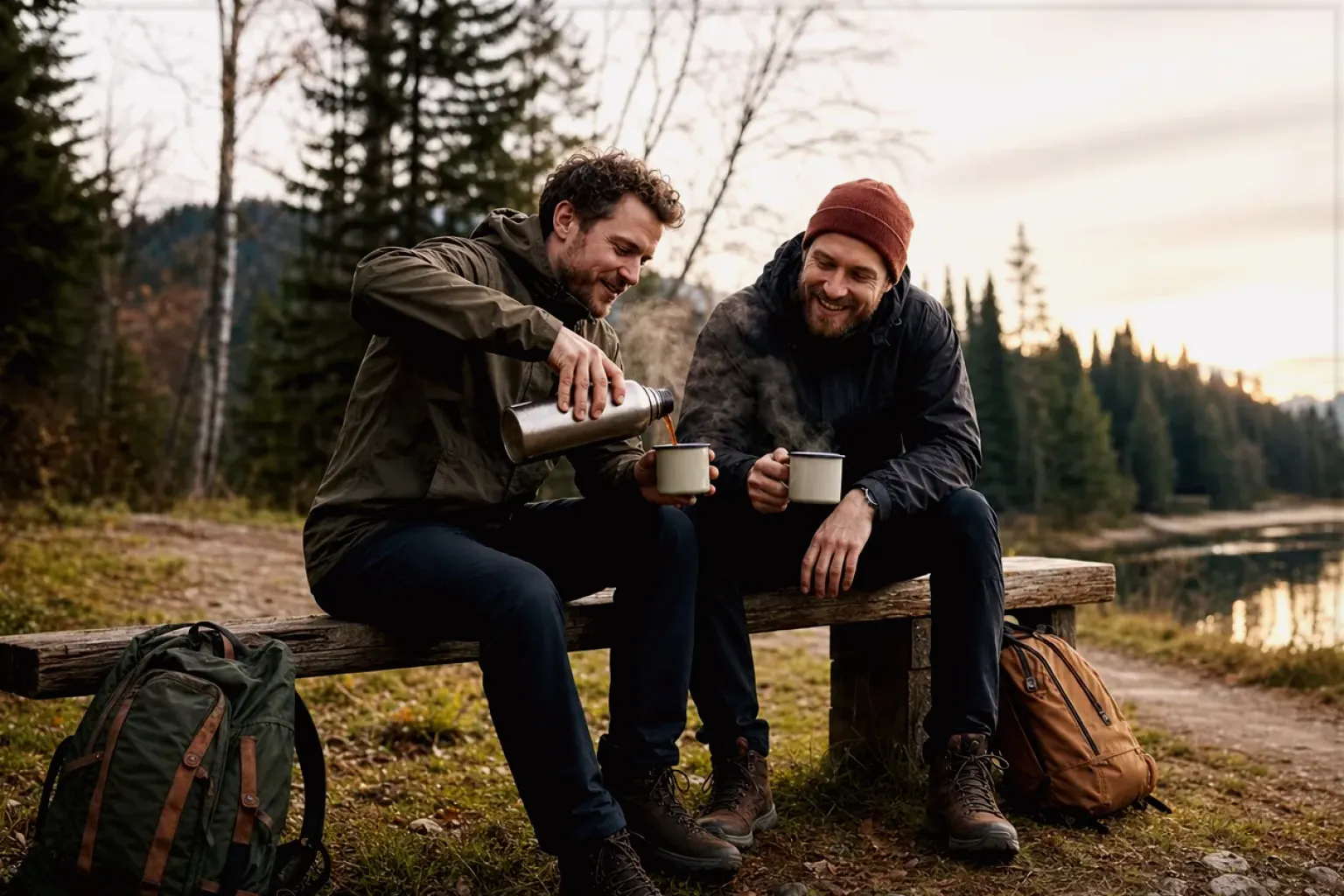 Zwei Freunde teilen auf einer Wanderung heißen Kaffee aus einer Thermoskanne am See – gezeigt für Fehlerhilfe im Ratgeberbereich.