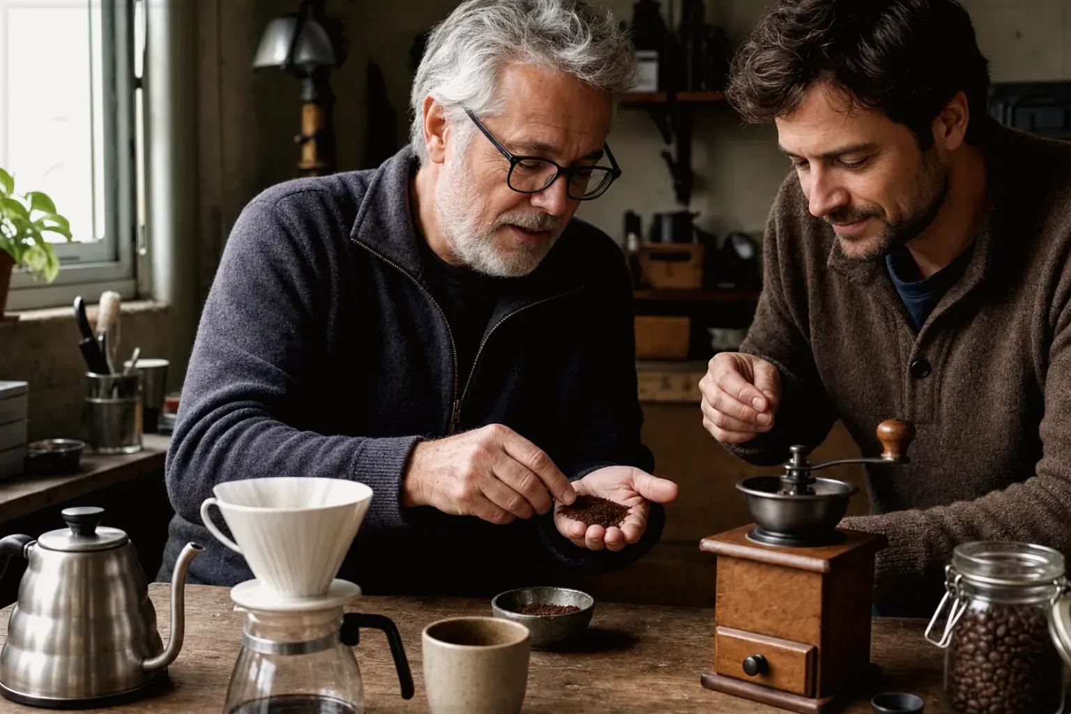 Ein älterer Kaffeeliebhaber zeigt einem jüngeren Erwachsenen gemahlenen Kaffee neben Handmühle und Filter – gezeigt für Fehlerhilfe im Ratgeberbereich.