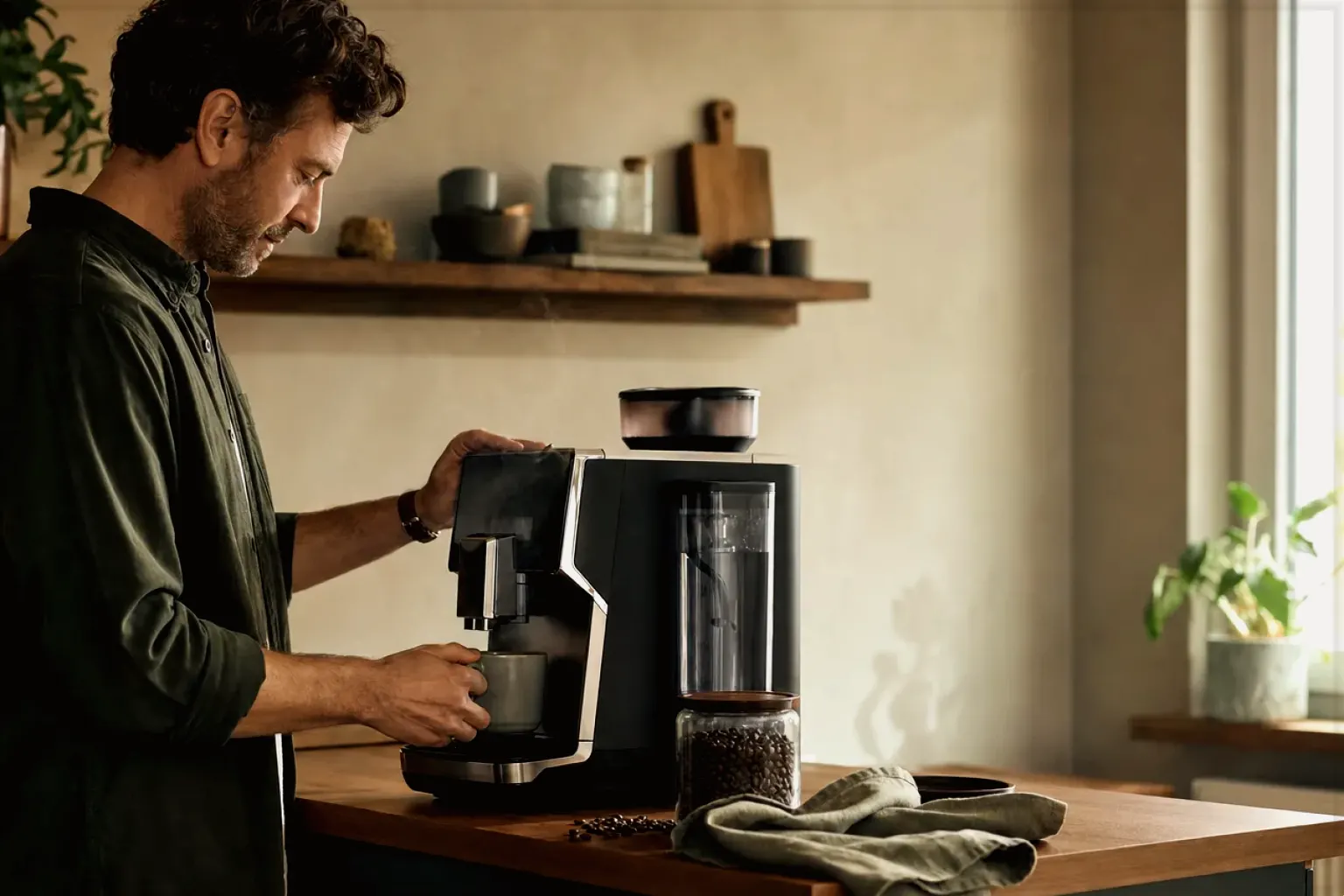 Ein Mann bereitet morgens Kaffee in seiner Küche zu – gezeigt für Fehlerhilfe im Ratgeberbereich.