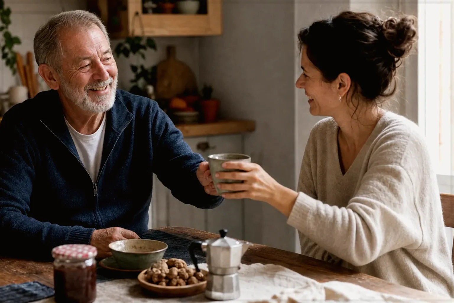 Eine erwachsene Tochter und ihr älterer Vater lachen gemeinsam beim Kaffee in ihrer Küche – gezeigt für Fehlerhilfe im Ratgeberbereich.