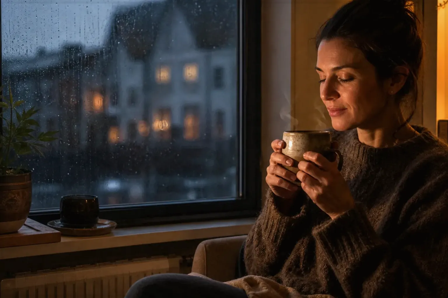 Eine Frau genießt an einem regnerischen Abend ruhig eine warme Tasse Kaffee am Fenster – gezeigt für Fehlerhilfe im Ratgeberbereich.
