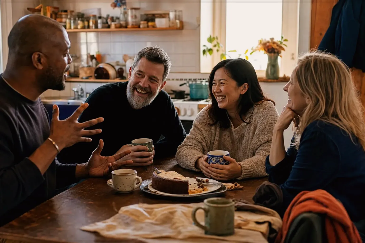 Vier erwachsene Freunde lachen gemeinsam bei Kaffee und selbst gebackenem Kuchen – gezeigt für Fehlerhilfe im Ratgeberbereich.