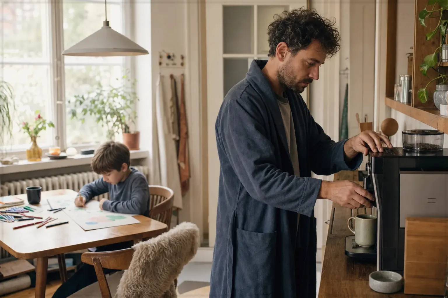 Ein Vater bereitet morgens Kaffee zu, während sein Kind am Küchentisch malt – gezeigt für Fehlerhilfe im Ratgeberbereich.