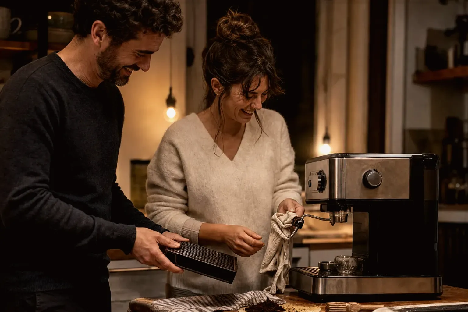 Ein Paar reinigt am Abend gemeinsam und gut gelaunt seine Espressomaschine in der Küche – gezeigt für Fehlerhilfe im Ratgeberbereich.