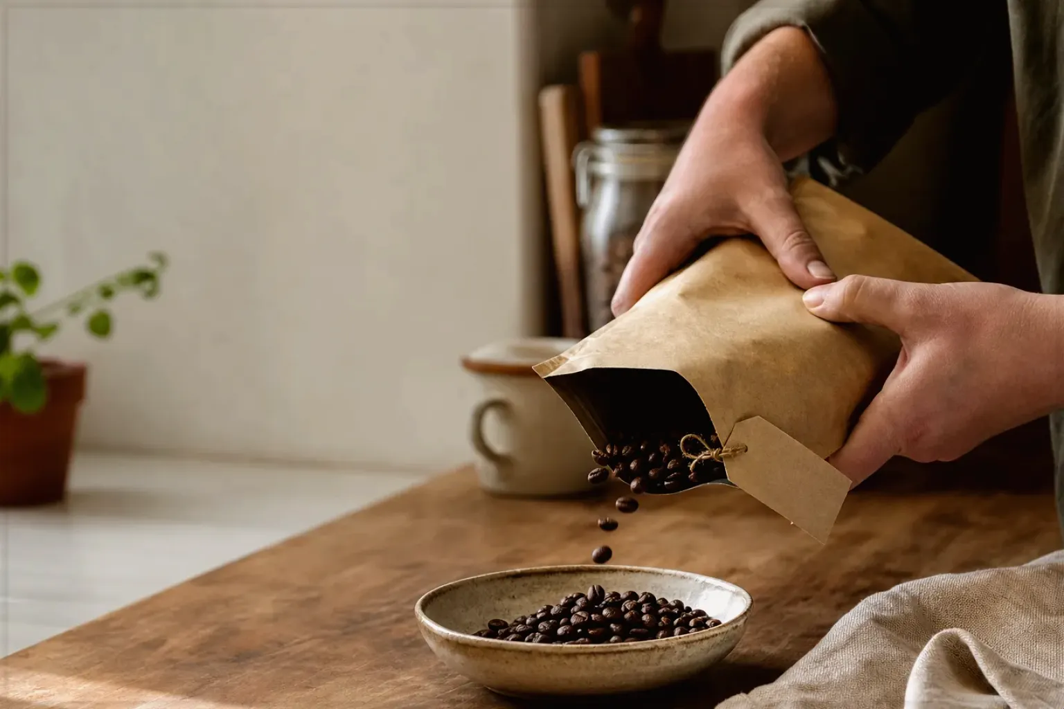 Hände füllen frisch geröstete Kaffeebohnen aus einer Papiertüte in eine Keramikschale – gezeigt für Fehlerhilfe im Ratgeberbereich.