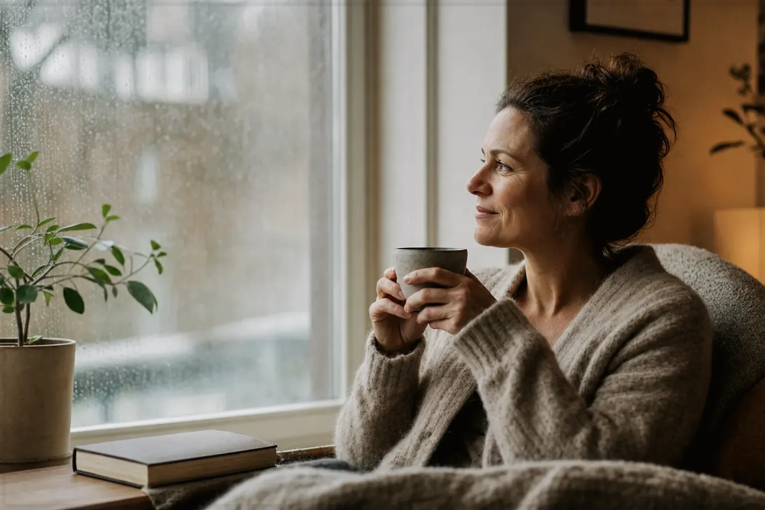 Eine Frau genießt an einem regnerischen Nachmittag ruhig eine Tasse Kaffee am Fenster – gezeigt für Fehlerhilfe im Ratgeberbereich.