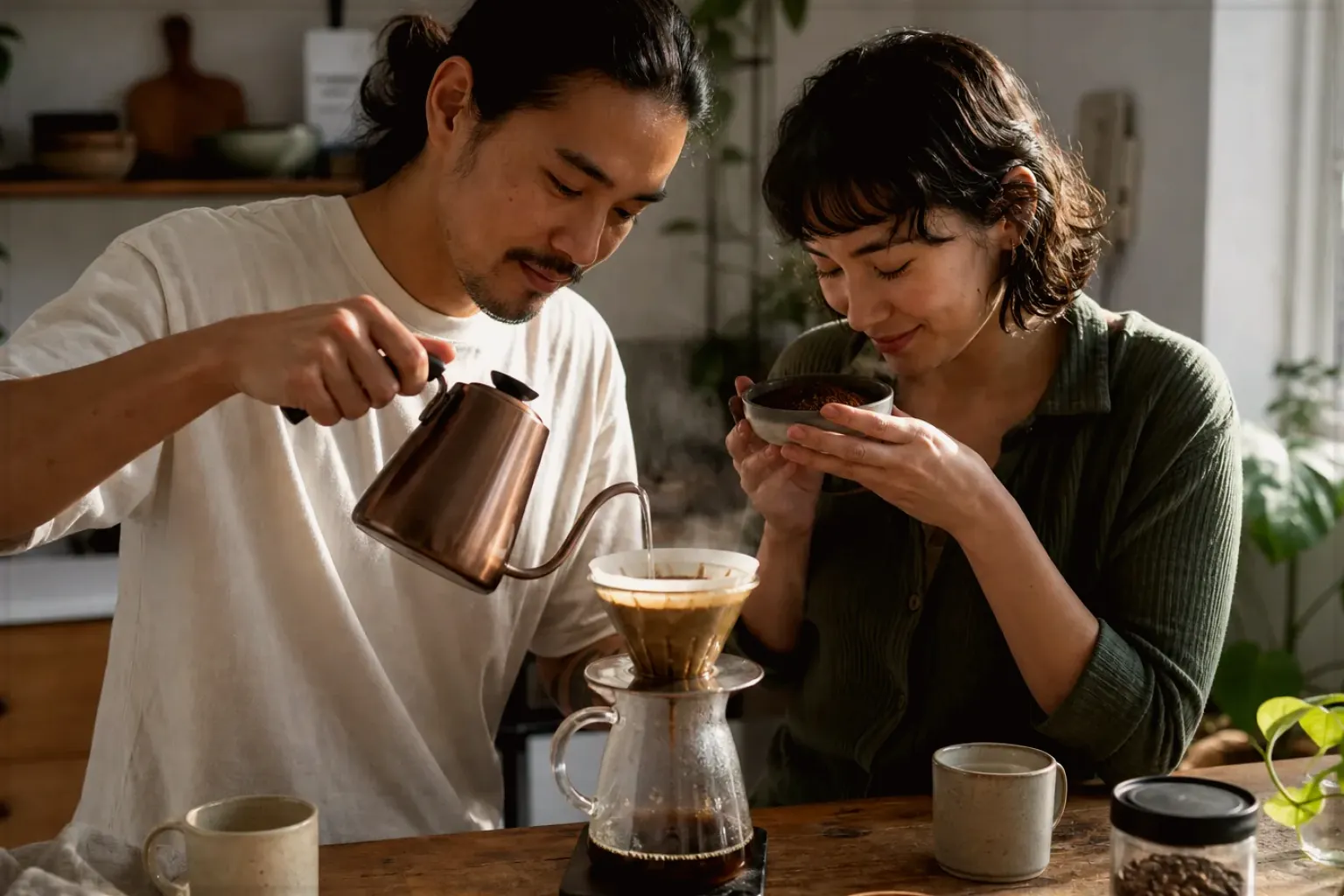 Zwei Menschen bereiten am Wochenende gemeinsam Filterkaffee mit einem Handfilter zu – gezeigt für Fehlerhilfe im Ratgeberbereich.