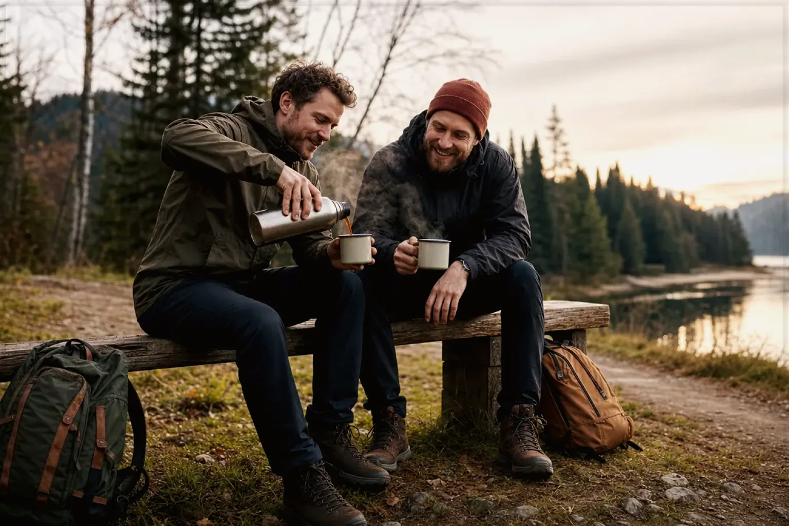 Zwei Freunde teilen auf einer Wanderung heißen Kaffee aus einer Thermoskanne am See – gezeigt für Fehlerhilfe im Ratgeberbereich.