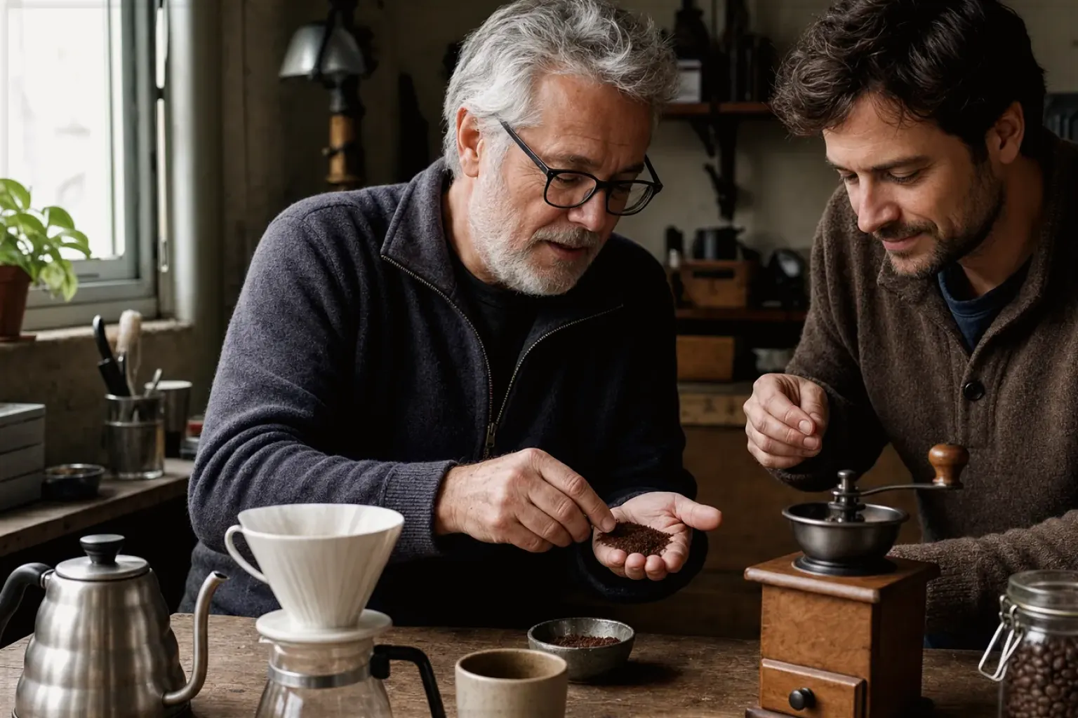 Ein älterer Kaffeeliebhaber zeigt einem jüngeren Erwachsenen gemahlenen Kaffee neben Handmühle und Filter – gezeigt für Fehlerhilfe im Ratgeberbereich.