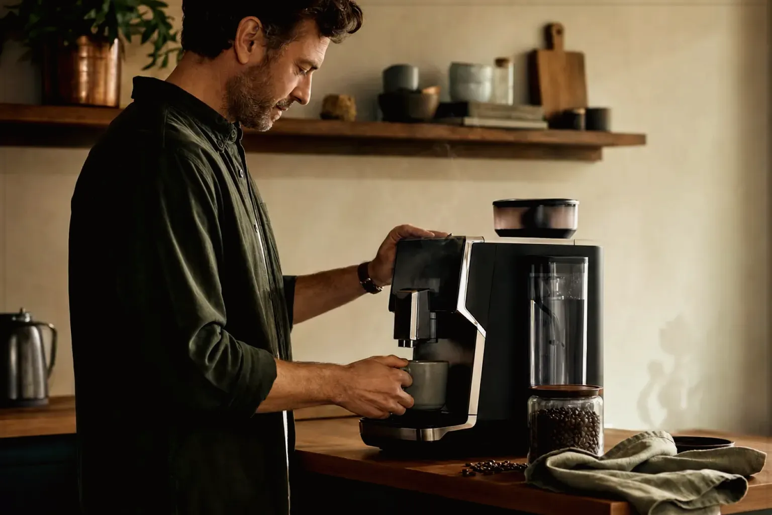 Ein Mann bereitet morgens Kaffee in seiner Küche zu – gezeigt für Fehlerhilfe im Ratgeberbereich.
