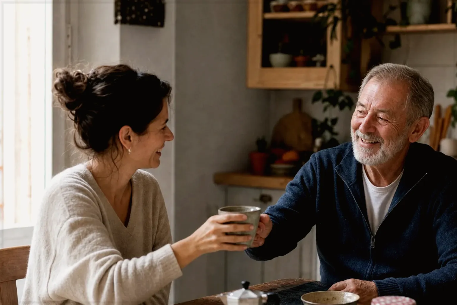 Eine erwachsene Tochter und ihr älterer Vater lachen gemeinsam beim Kaffee in ihrer Küche – gezeigt für Fehlerhilfe im Ratgeberbereich.