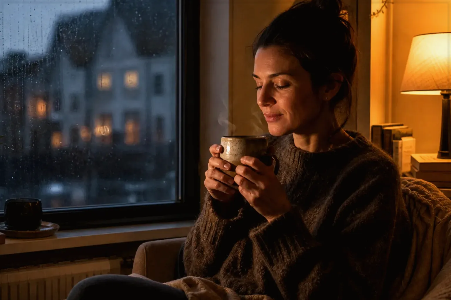 Eine Frau genießt an einem regnerischen Abend ruhig eine warme Tasse Kaffee am Fenster – gezeigt für Fehlerhilfe im Ratgeberbereich.