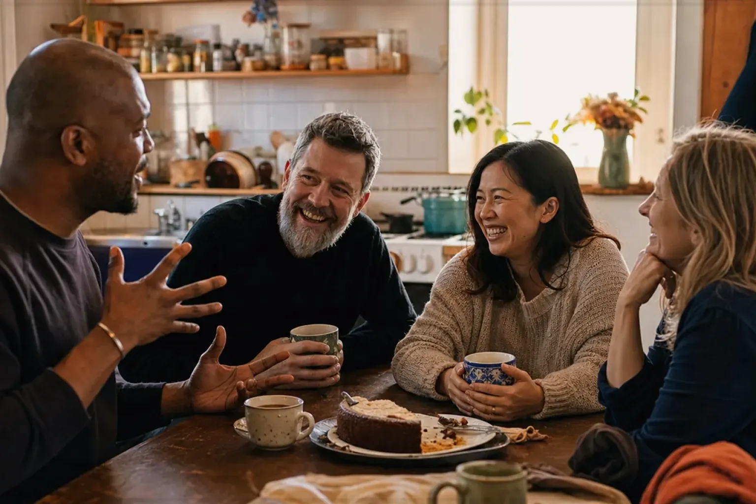 Vier erwachsene Freunde lachen gemeinsam bei Kaffee und selbst gebackenem Kuchen – gezeigt für Fehlerhilfe im Ratgeberbereich.