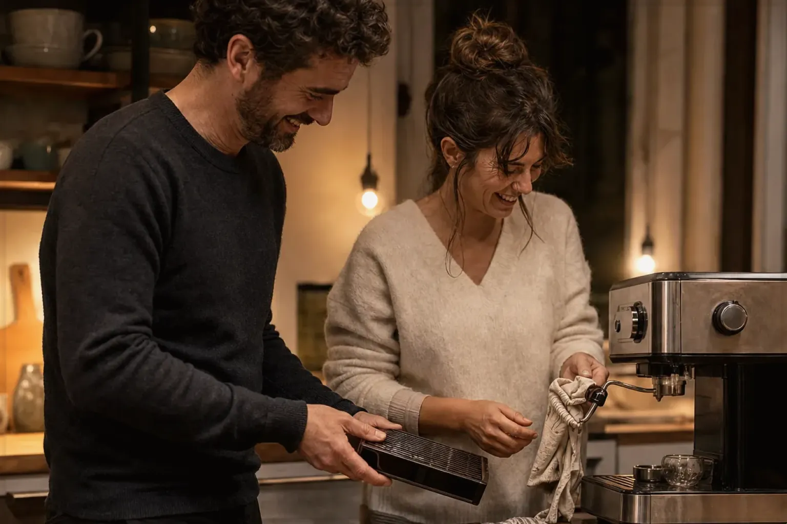 Ein Paar reinigt am Abend gemeinsam und gut gelaunt seine Espressomaschine in der Küche – gezeigt für Fehlerhilfe im Ratgeberbereich.
