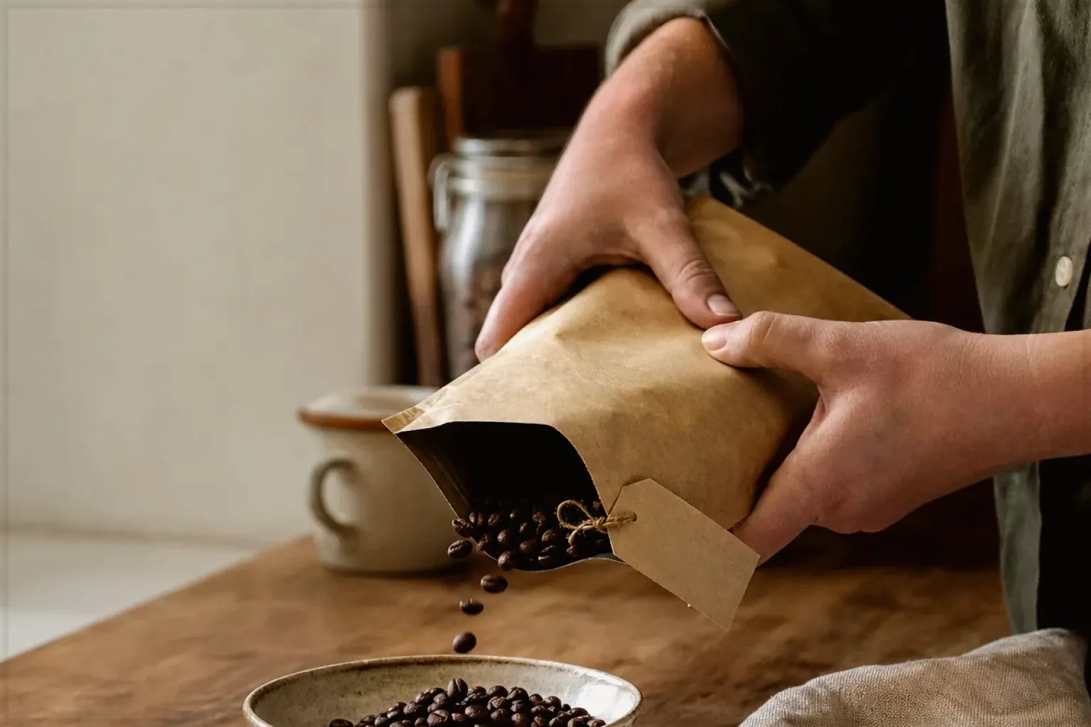 Hände füllen frisch geröstete Kaffeebohnen aus einer Papiertüte in eine Keramikschale – gezeigt für Fehlerhilfe im Ratgeberbereich.