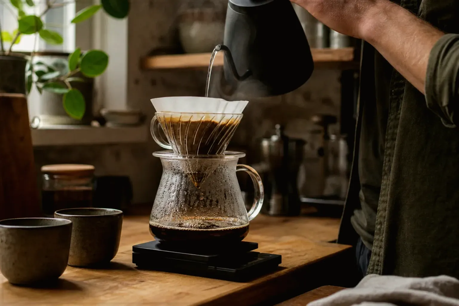 Filterkaffee wird mit einem Schwanenhalskessel von Hand in einer Küche aufgegossen – gezeigt für Fehlerhilfe im Ratgeberbereich.