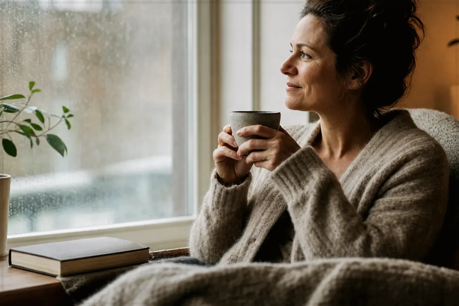Eine Frau genießt an einem regnerischen Nachmittag ruhig eine Tasse Kaffee am Fenster – gezeigt für Fehlerhilfe im Ratgeberbereich.