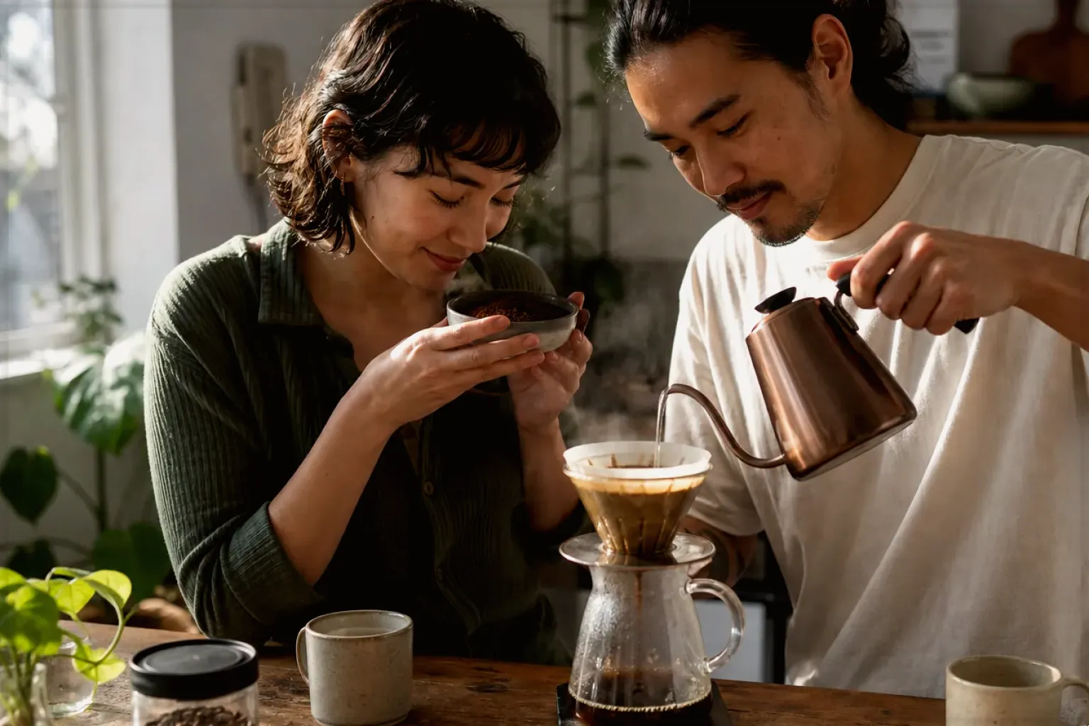 Zwei Menschen bereiten am Wochenende gemeinsam Filterkaffee mit einem Handfilter zu – gezeigt für Fehlerhilfe im Ratgeberbereich.