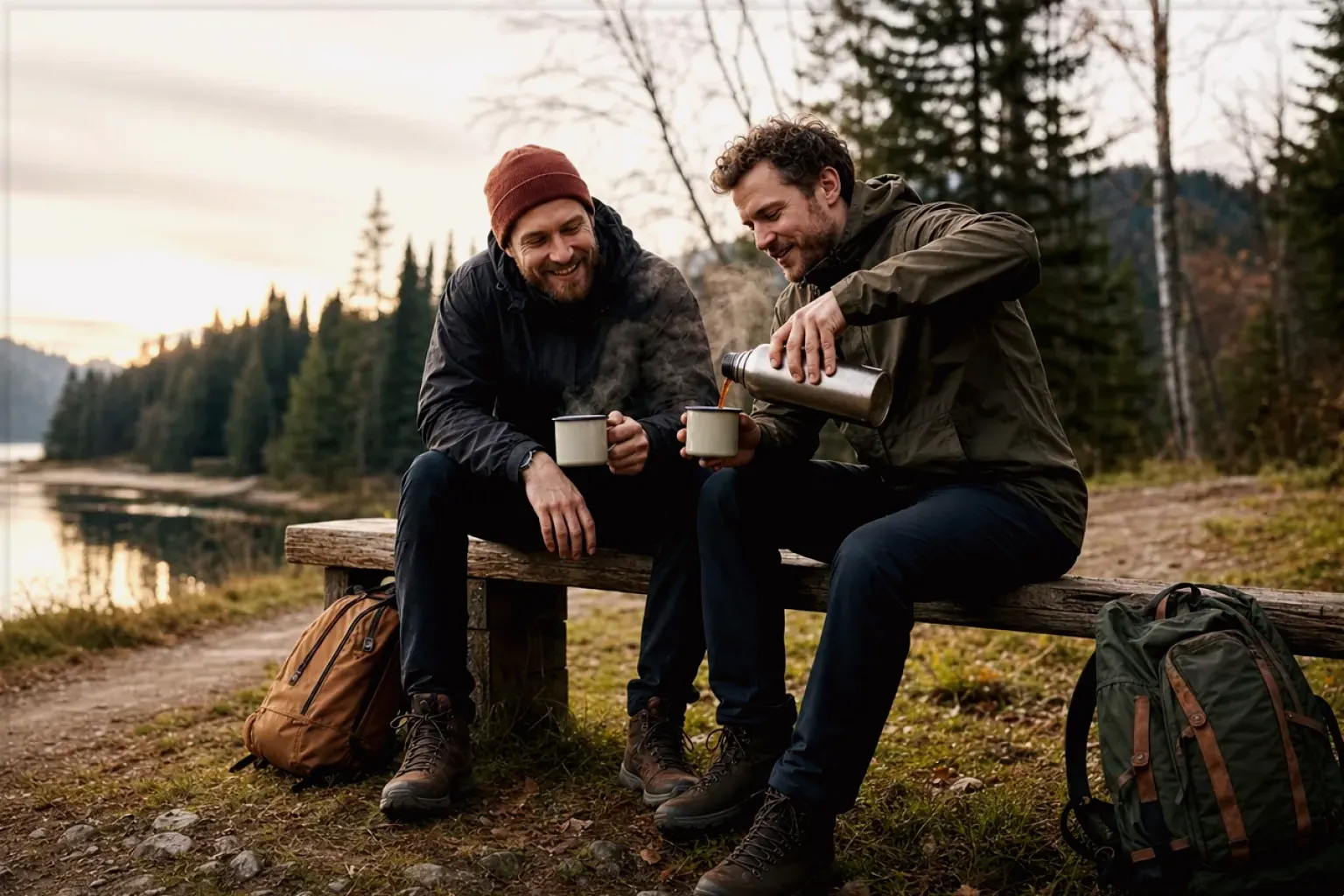 Zwei Freunde teilen auf einer Wanderung heißen Kaffee aus einer Thermoskanne am See – gezeigt für Fehlerhilfe im Ratgeberbereich.