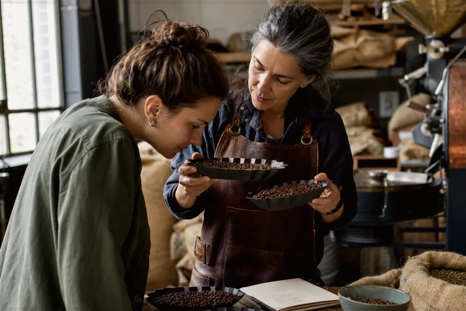 Eine Kaffeerösterin lässt eine Kundin in einer kleinen Rösterei verschiedene frisch geröstete Bohnen riechen – gezeigt für Fehlerhilfe im Ratgeberbereich.