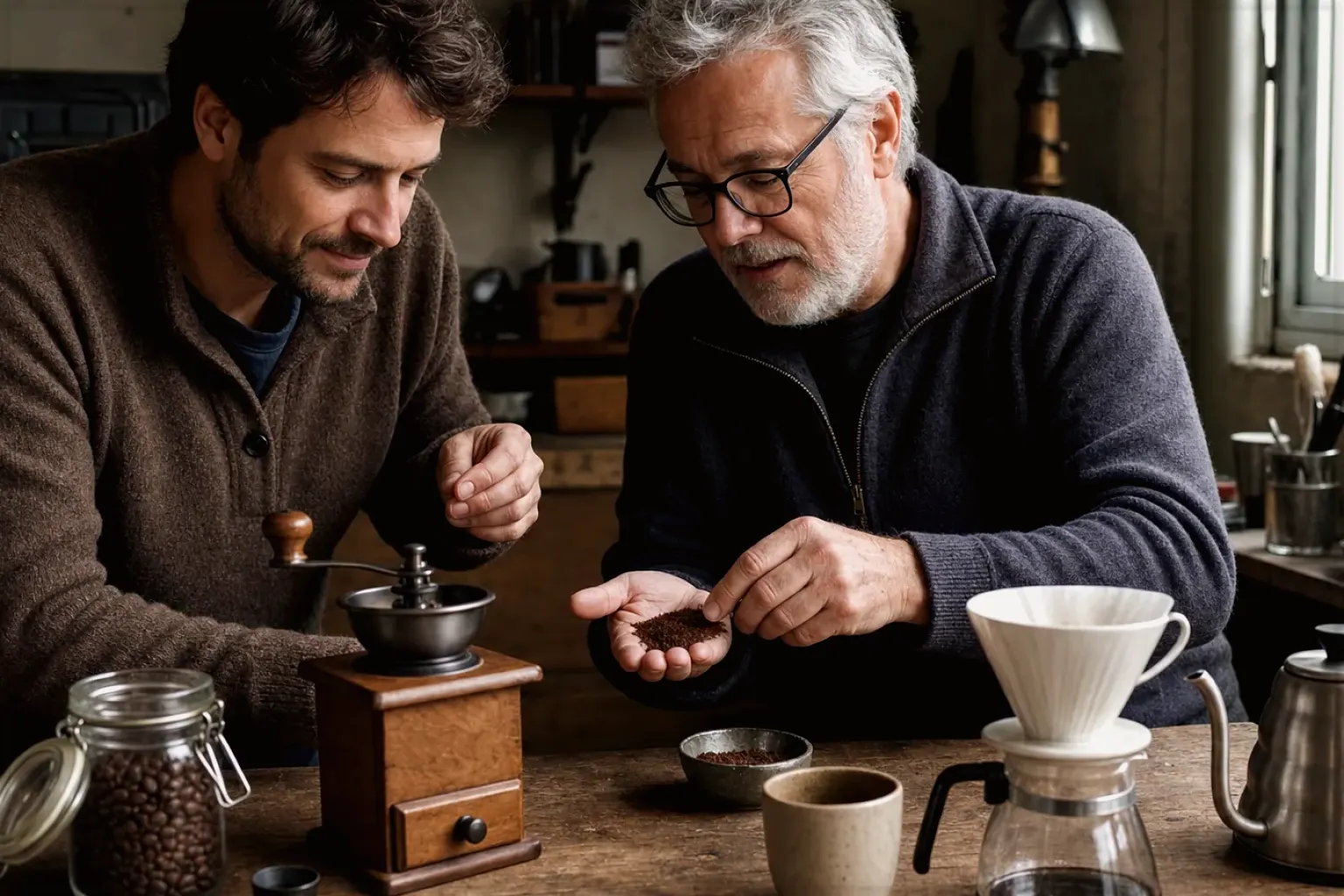 Ein älterer Kaffeeliebhaber zeigt einem jüngeren Erwachsenen gemahlenen Kaffee neben Handmühle und Filter – gezeigt für Fehlerhilfe im Ratgeberbereich.