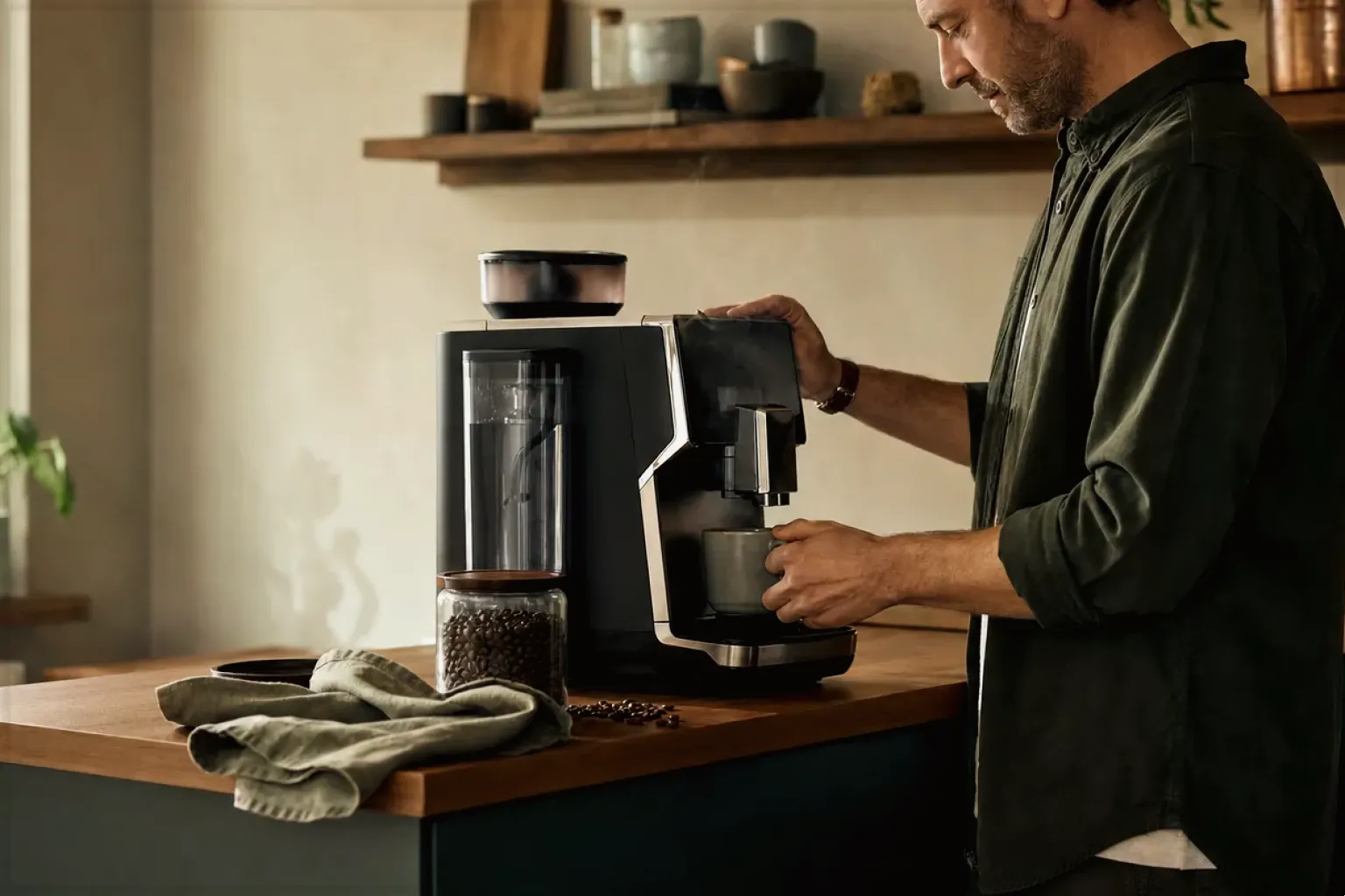 Ein Mann bereitet morgens Kaffee in seiner Küche zu – gezeigt für Fehlerhilfe im Ratgeberbereich.