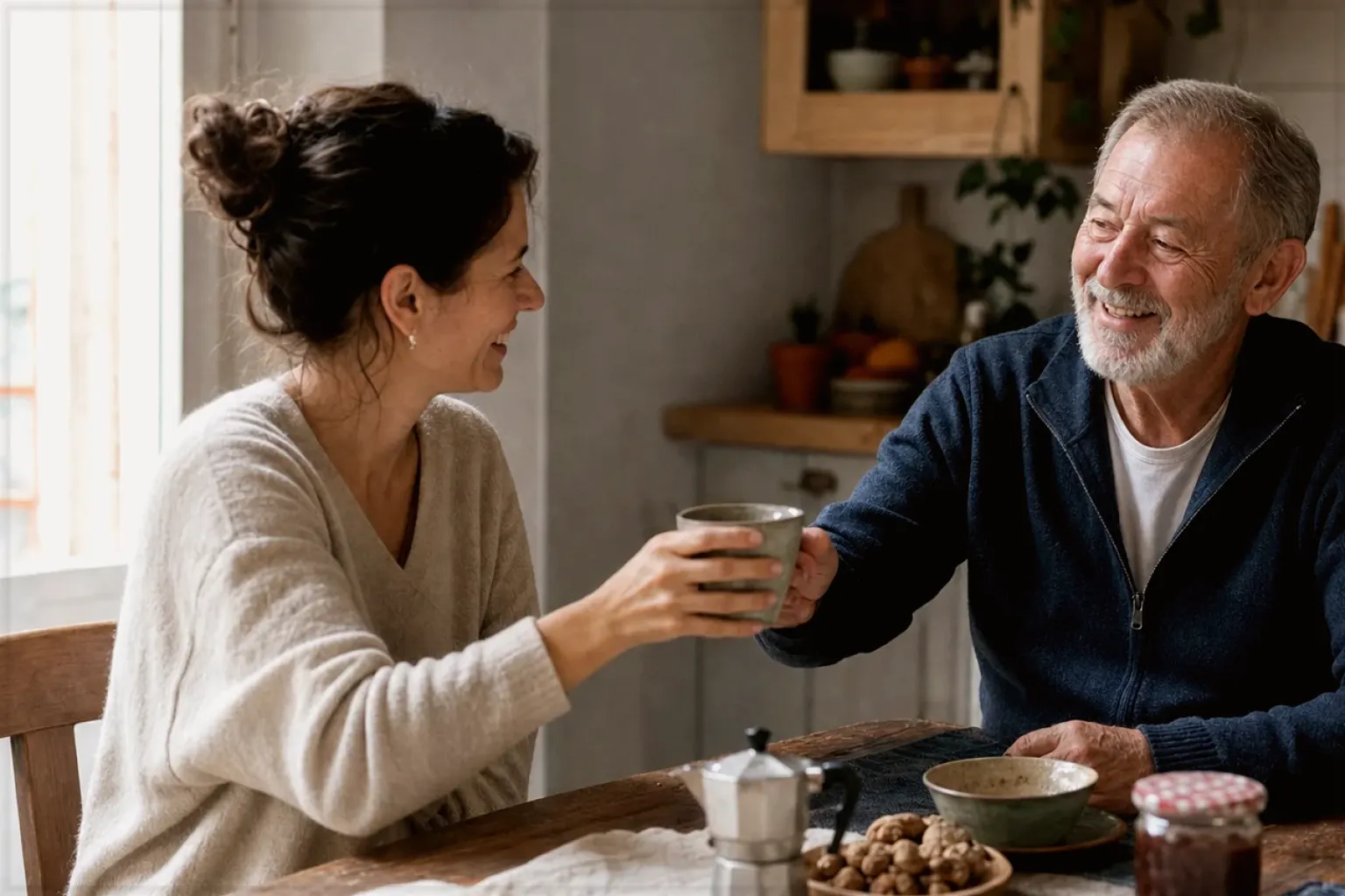 Eine erwachsene Tochter und ihr älterer Vater lachen gemeinsam beim Kaffee in ihrer Küche – gezeigt für Fehlerhilfe im Ratgeberbereich.