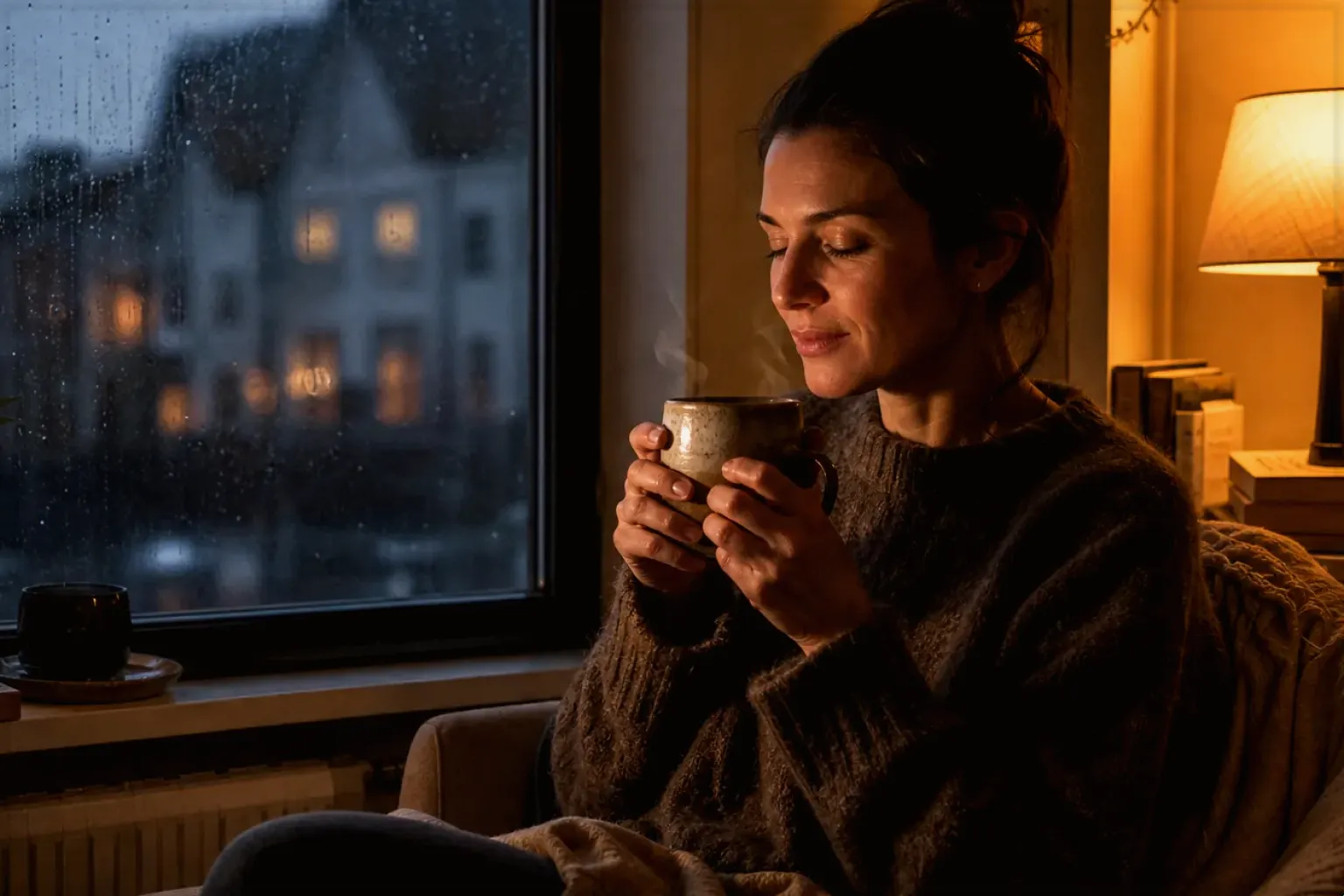 Eine Frau genießt an einem regnerischen Abend ruhig eine warme Tasse Kaffee am Fenster – gezeigt für Fehlerhilfe im Ratgeberbereich.