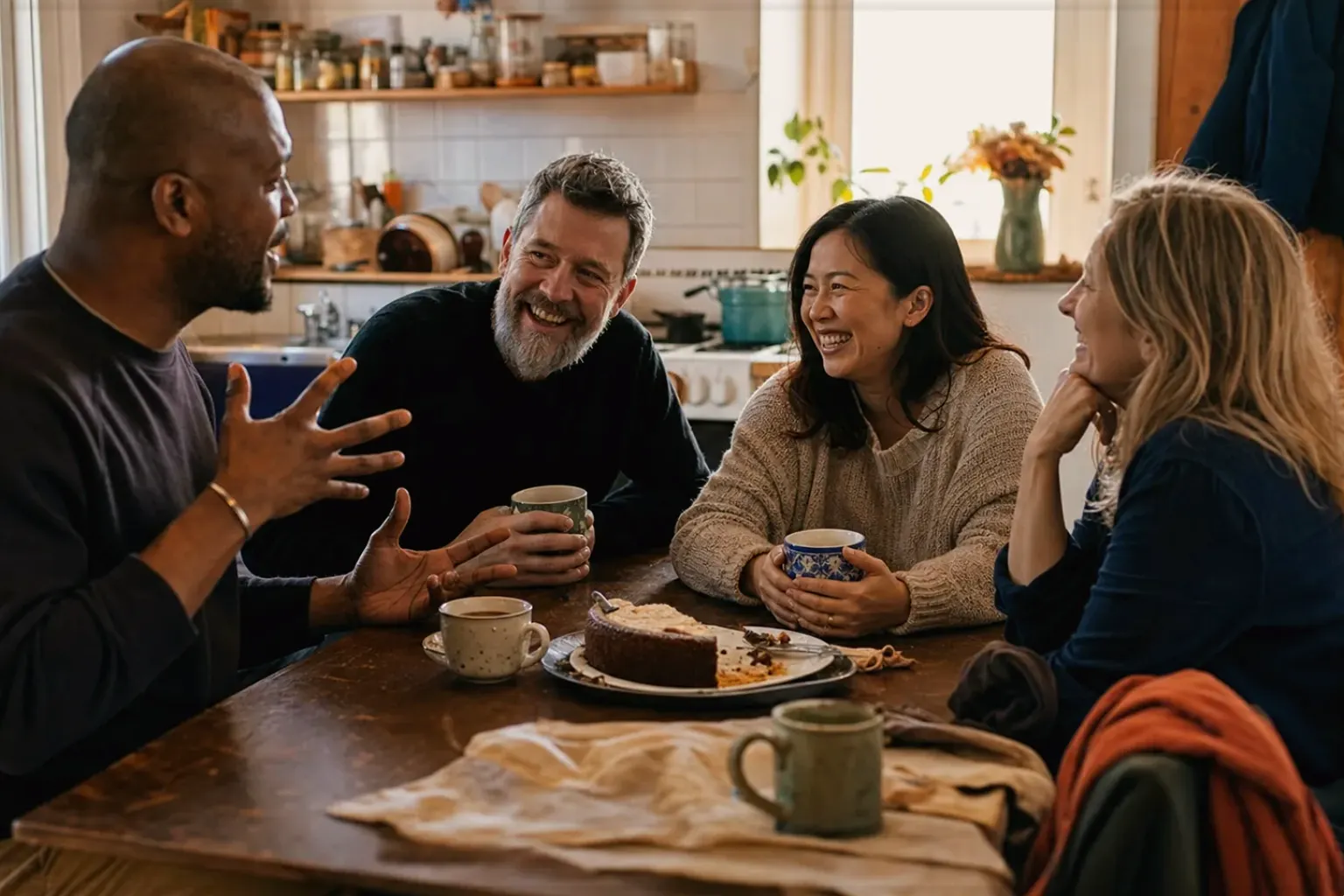 Vier erwachsene Freunde lachen gemeinsam bei Kaffee und selbst gebackenem Kuchen – gezeigt für Fehlerhilfe im Ratgeberbereich.