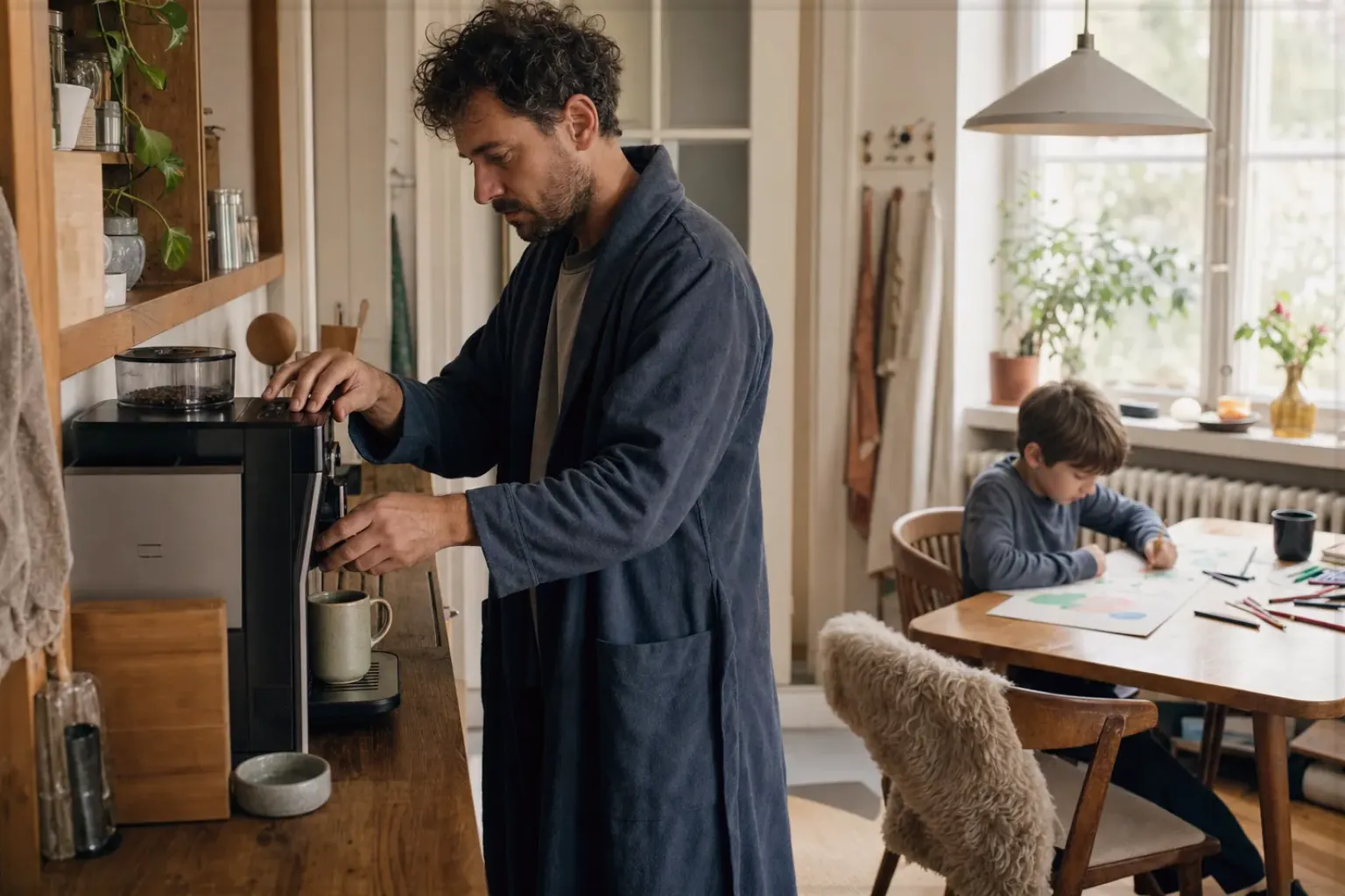 Ein Vater bereitet morgens Kaffee zu, während sein Kind am Küchentisch malt – gezeigt für Fehlerhilfe im Ratgeberbereich.