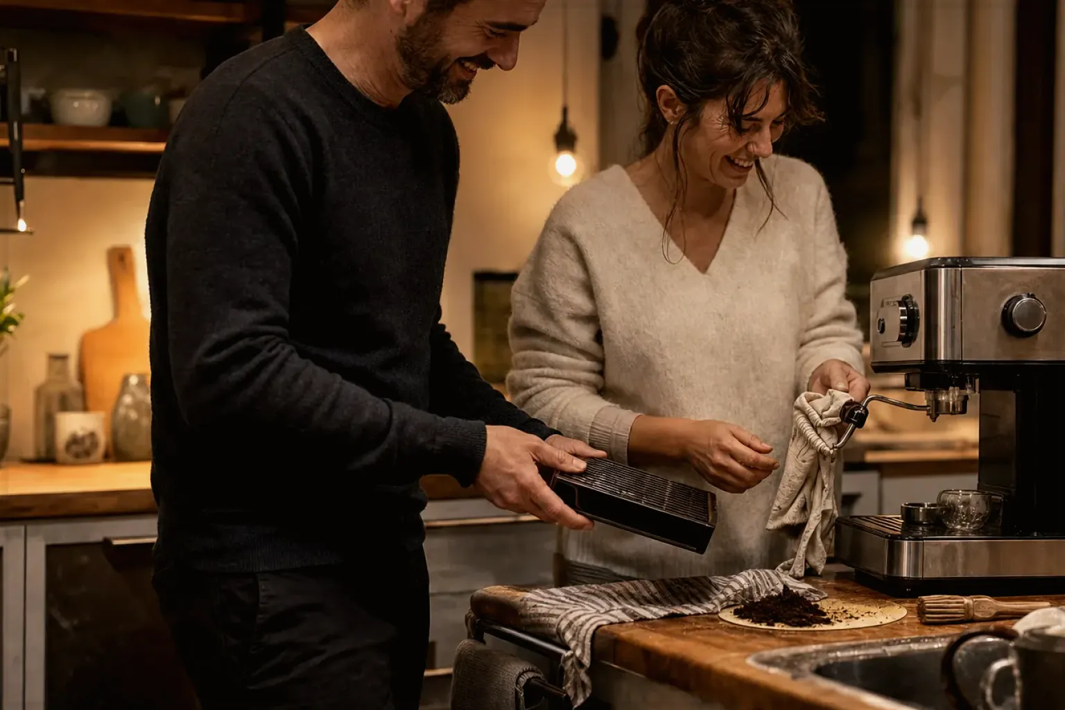 Ein Paar reinigt am Abend gemeinsam und gut gelaunt seine Espressomaschine in der Küche – gezeigt für Fehlerhilfe im Ratgeberbereich.