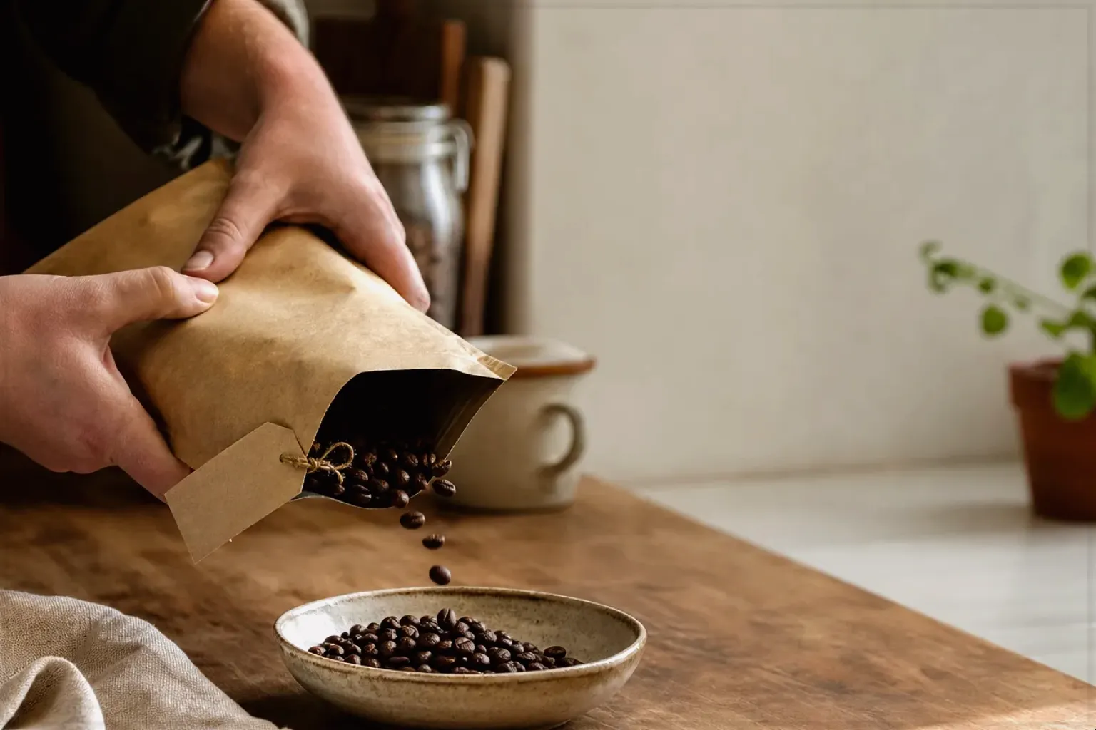 Hände füllen frisch geröstete Kaffeebohnen aus einer Papiertüte in eine Keramikschale – gezeigt für Fehlerhilfe im Ratgeberbereich.