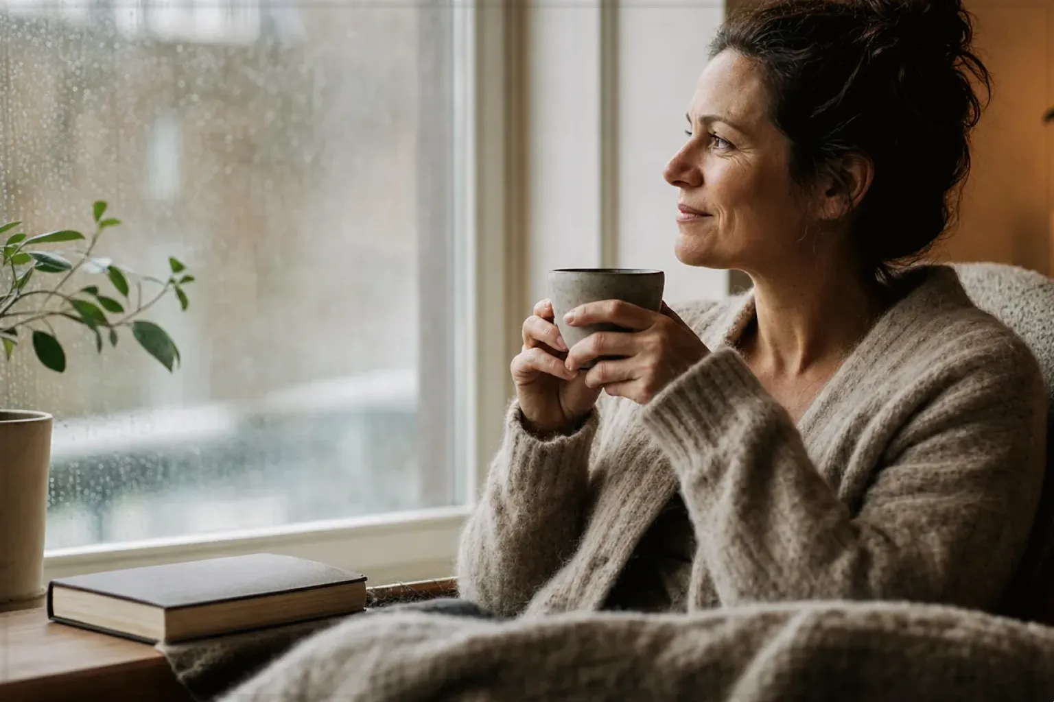 Eine Frau genießt an einem regnerischen Nachmittag ruhig eine Tasse Kaffee am Fenster – gezeigt für Fehlerhilfe im Ratgeberbereich.