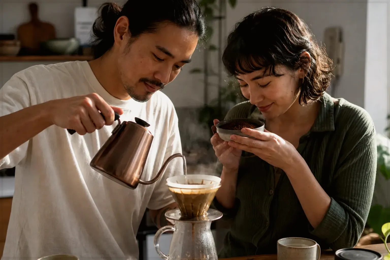 Zwei Menschen bereiten am Wochenende gemeinsam Filterkaffee mit einem Handfilter zu – gezeigt für Fehlerhilfe im Ratgeberbereich.