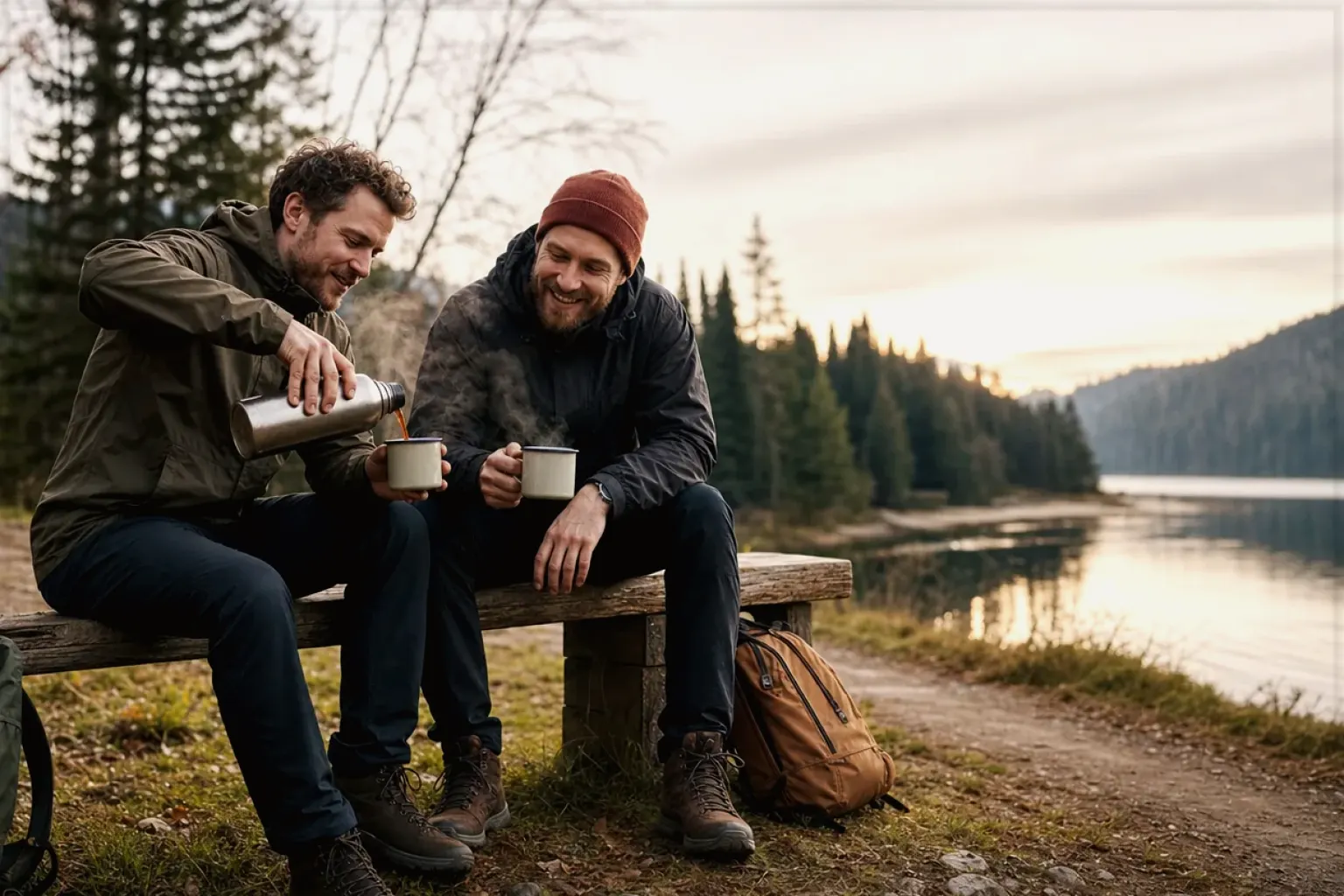 Zwei Freunde teilen auf einer Wanderung heißen Kaffee aus einer Thermoskanne am See – gezeigt für Fehlerhilfe im Ratgeberbereich.