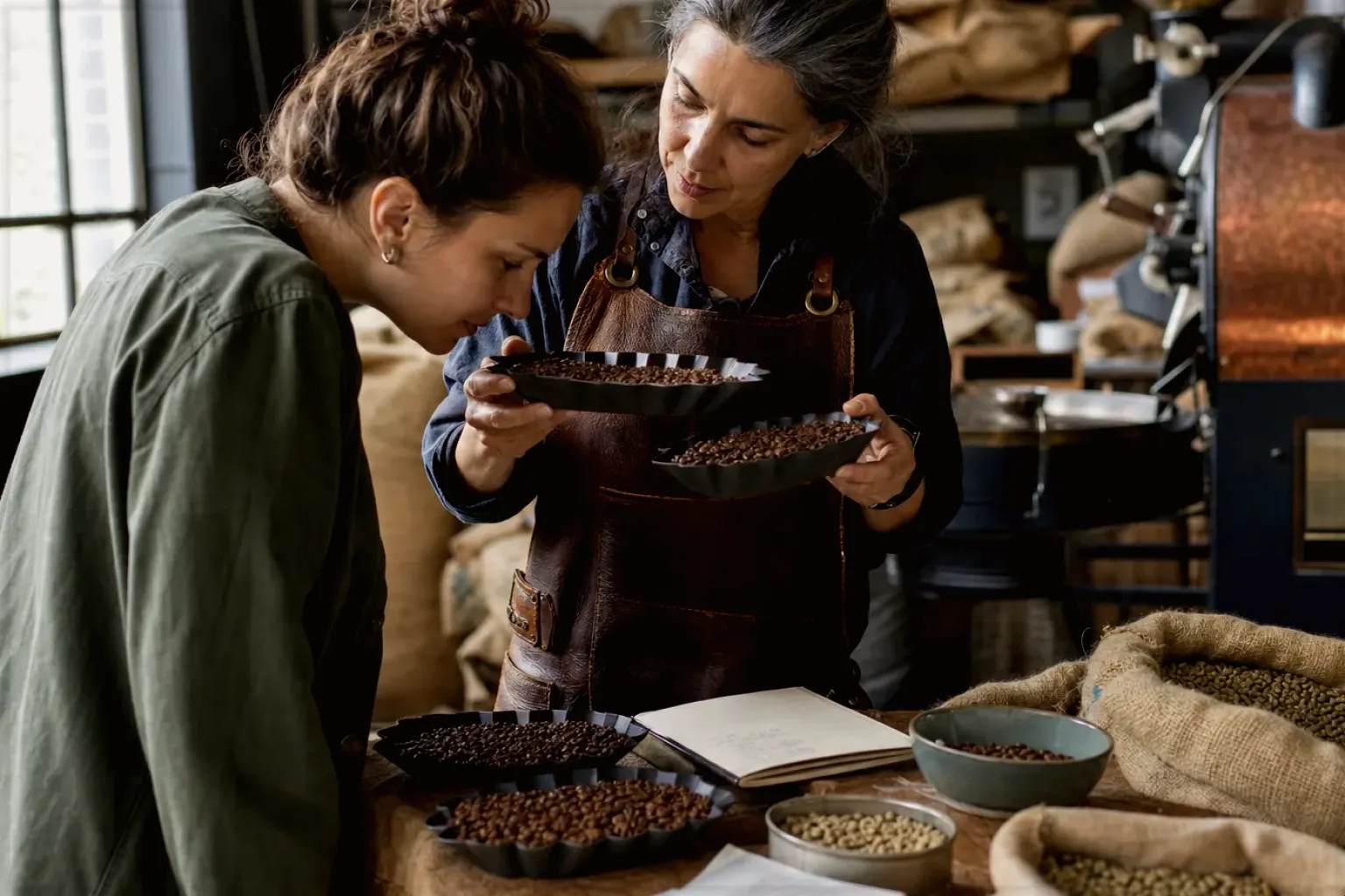 Eine Kaffeerösterin lässt eine Kundin in einer kleinen Rösterei verschiedene frisch geröstete Bohnen riechen – gezeigt für Fehlerhilfe im Ratgeberbereich.