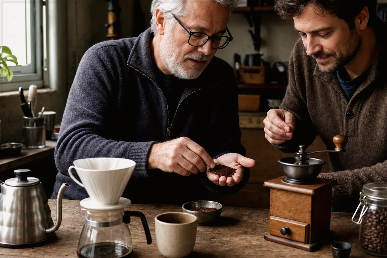 Ein älterer Kaffeeliebhaber zeigt einem jüngeren Erwachsenen gemahlenen Kaffee neben Handmühle und Filter – gezeigt für Fehlerhilfe im Ratgeberbereich.