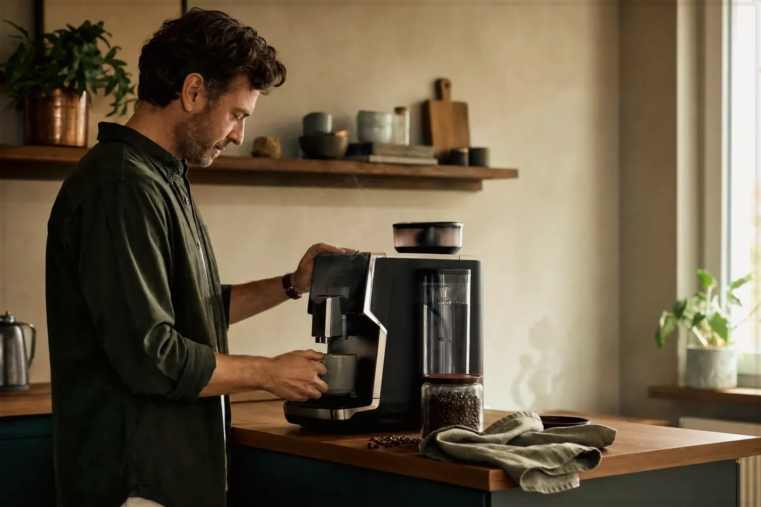 Ein Mann bereitet morgens Kaffee in seiner Küche zu – gezeigt für Fehlerhilfe im Ratgeberbereich.