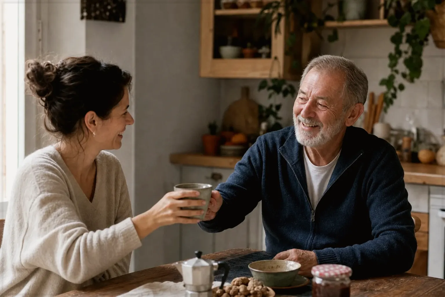 Eine erwachsene Tochter und ihr älterer Vater lachen gemeinsam beim Kaffee in ihrer Küche – gezeigt für Fehlerhilfe im Ratgeberbereich.