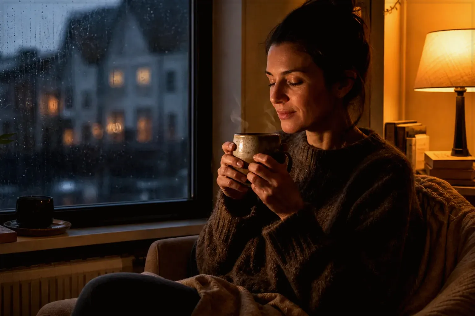 Eine Frau genießt an einem regnerischen Abend ruhig eine warme Tasse Kaffee am Fenster – gezeigt für Fehlerhilfe im Ratgeberbereich.