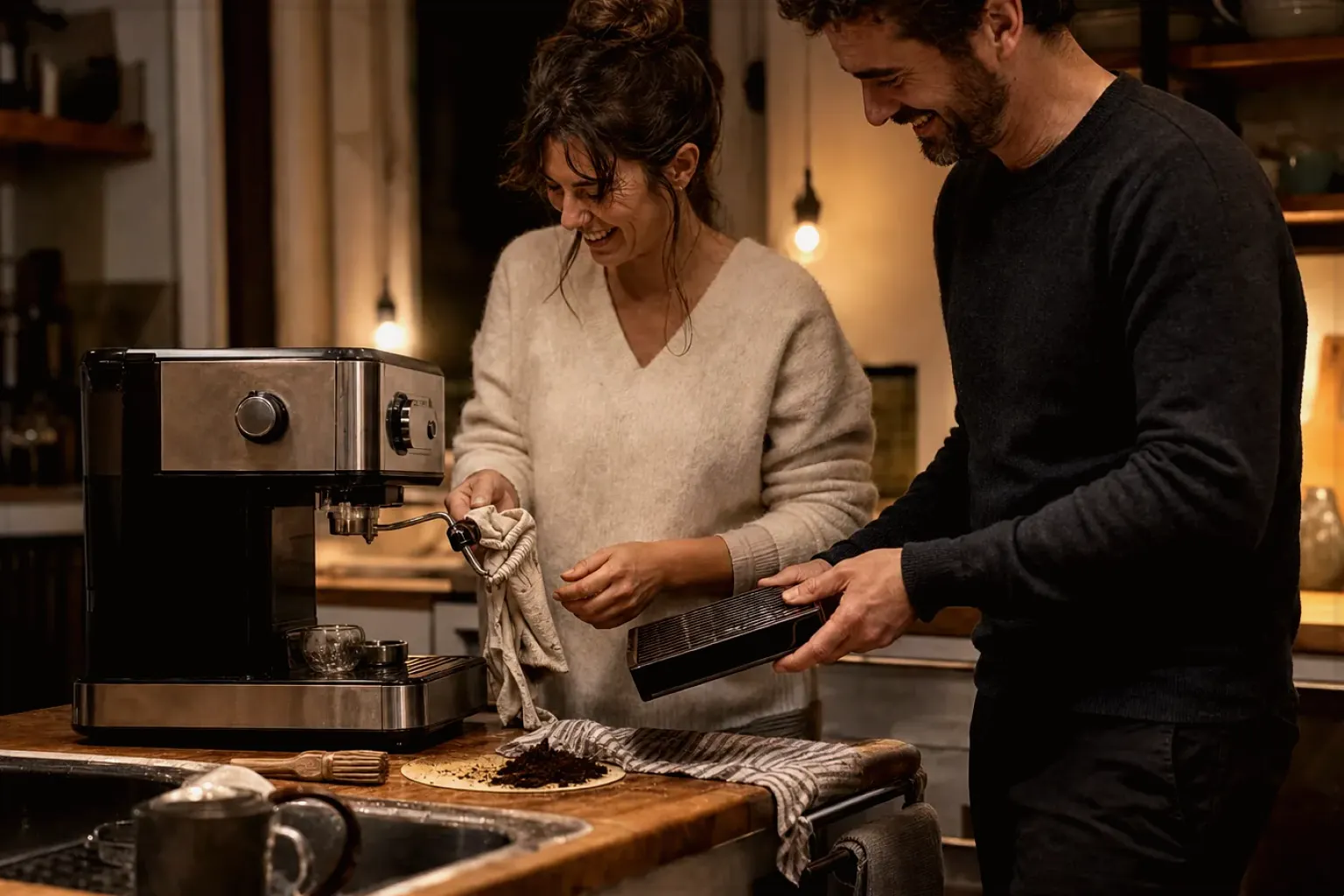 Ein Paar reinigt am Abend gemeinsam und gut gelaunt seine Espressomaschine in der Küche – gezeigt für Fehlerhilfe im Ratgeberbereich.