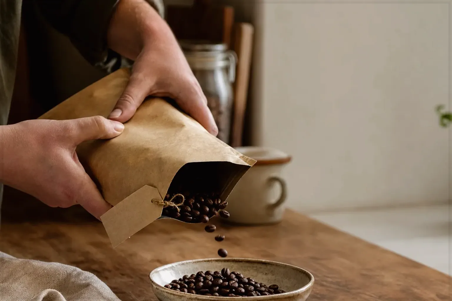 Hände füllen frisch geröstete Kaffeebohnen aus einer Papiertüte in eine Keramikschale – gezeigt für Maschinen im Ratgeberbereich.