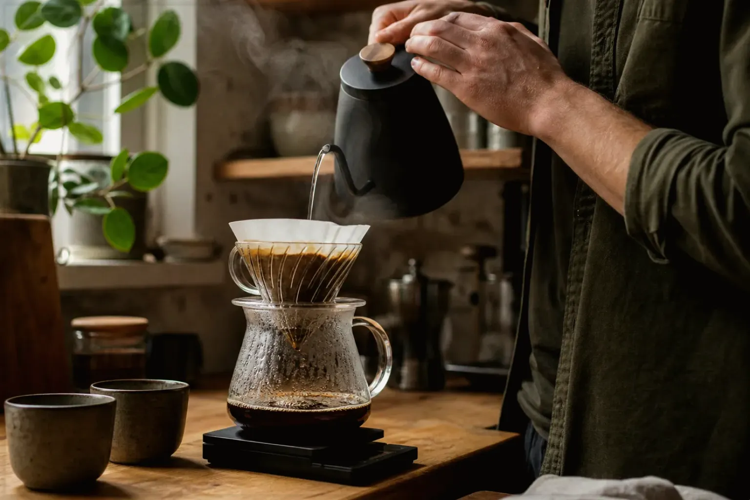 Filterkaffee wird mit einem Schwanenhalskessel von Hand in einer Küche aufgegossen – gezeigt für Maschinen im Ratgeberbereich.