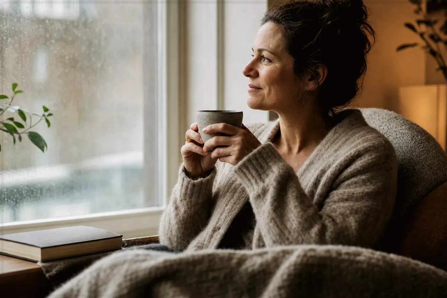 Eine Frau genießt an einem regnerischen Nachmittag ruhig eine Tasse Kaffee am Fenster – gezeigt für Maschinen im Ratgeberbereich.