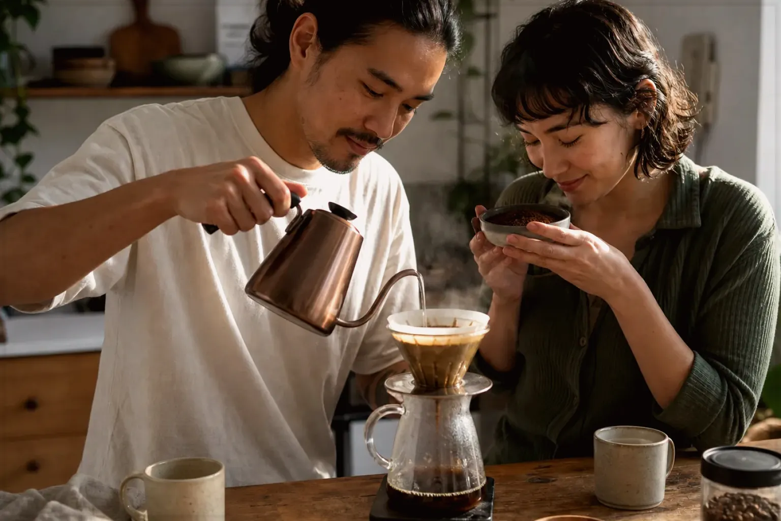 Zwei Menschen bereiten am Wochenende gemeinsam Filterkaffee mit einem Handfilter zu – gezeigt für Maschinen im Ratgeberbereich.