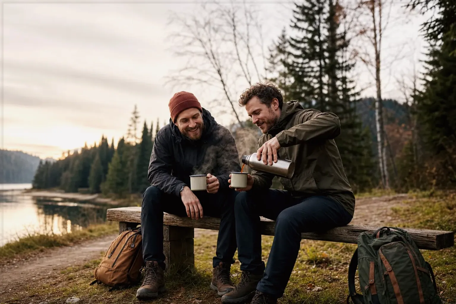 Zwei Freunde teilen auf einer Wanderung heißen Kaffee aus einer Thermoskanne am See – gezeigt für Maschinen im Ratgeberbereich.