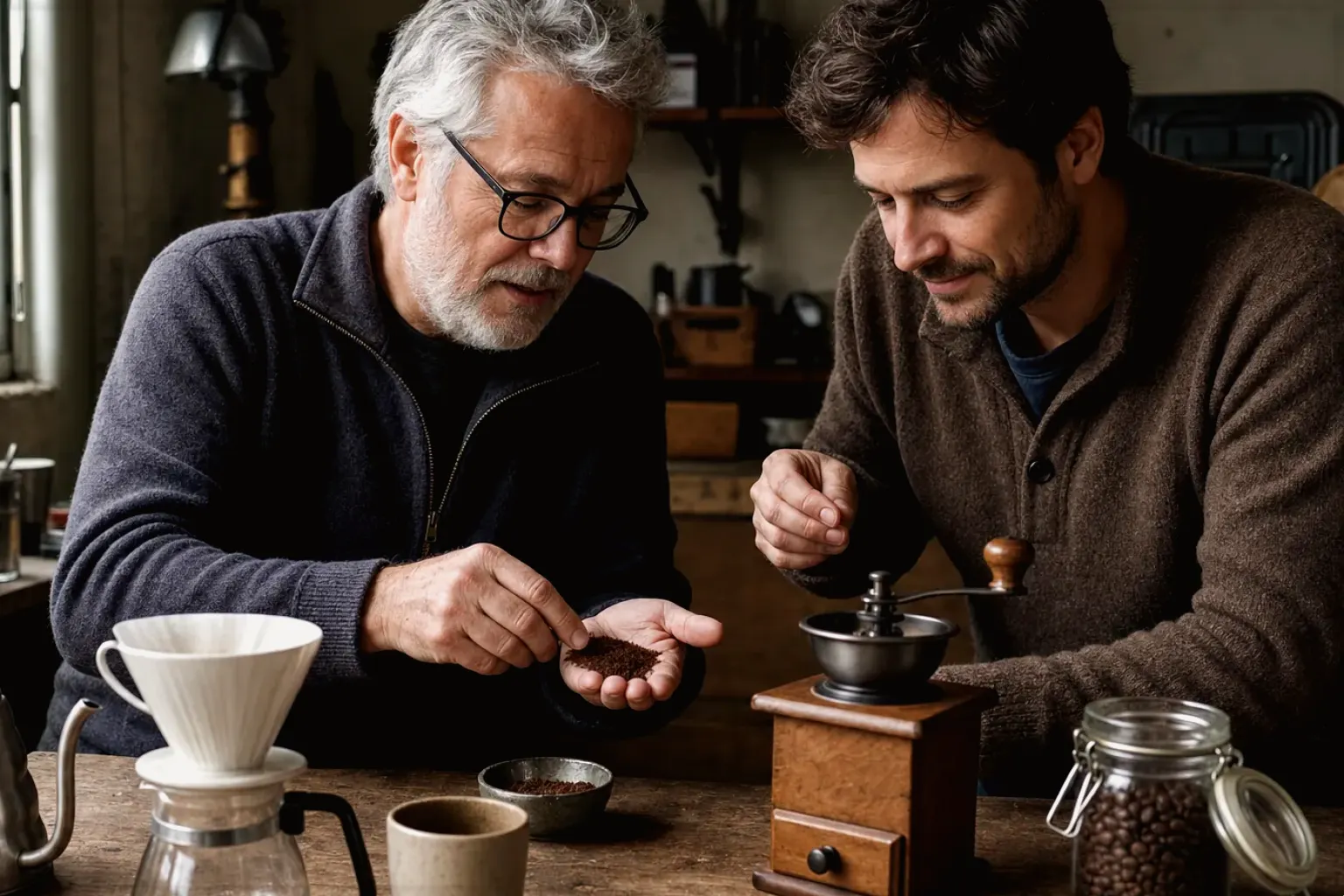 Ein älterer Kaffeeliebhaber zeigt einem jüngeren Erwachsenen gemahlenen Kaffee neben Handmühle und Filter – gezeigt für Maschinen im Ratgeberbereich.