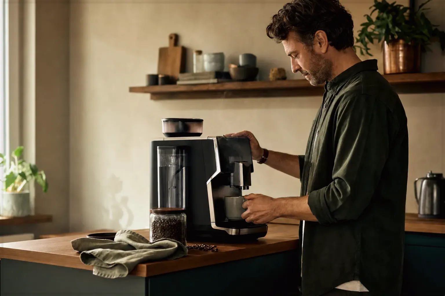 Ein Mann bereitet morgens Kaffee in seiner Küche zu – gezeigt für Maschinen im Ratgeberbereich.