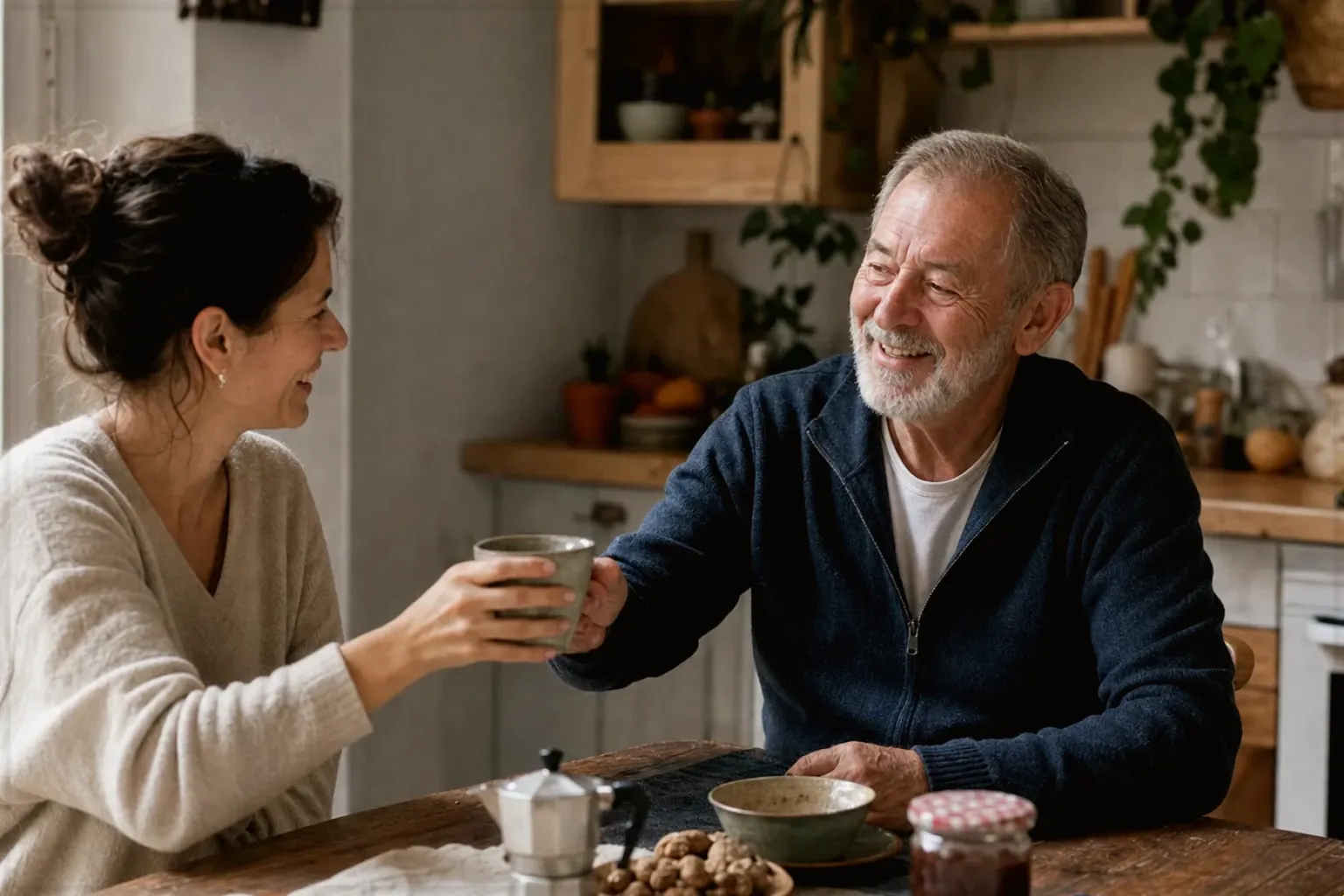 Eine erwachsene Tochter und ihr älterer Vater lachen gemeinsam beim Kaffee in ihrer Küche – gezeigt für Maschinen im Ratgeberbereich.