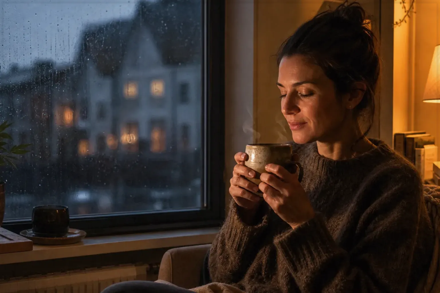 Eine Frau genießt an einem regnerischen Abend ruhig eine warme Tasse Kaffee am Fenster – gezeigt für Maschinen im Ratgeberbereich.